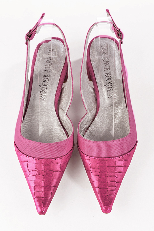 Fuschia pink women's slingback shoes. Pointed toe. Low flare heels. Top view - Florence KOOIJMAN